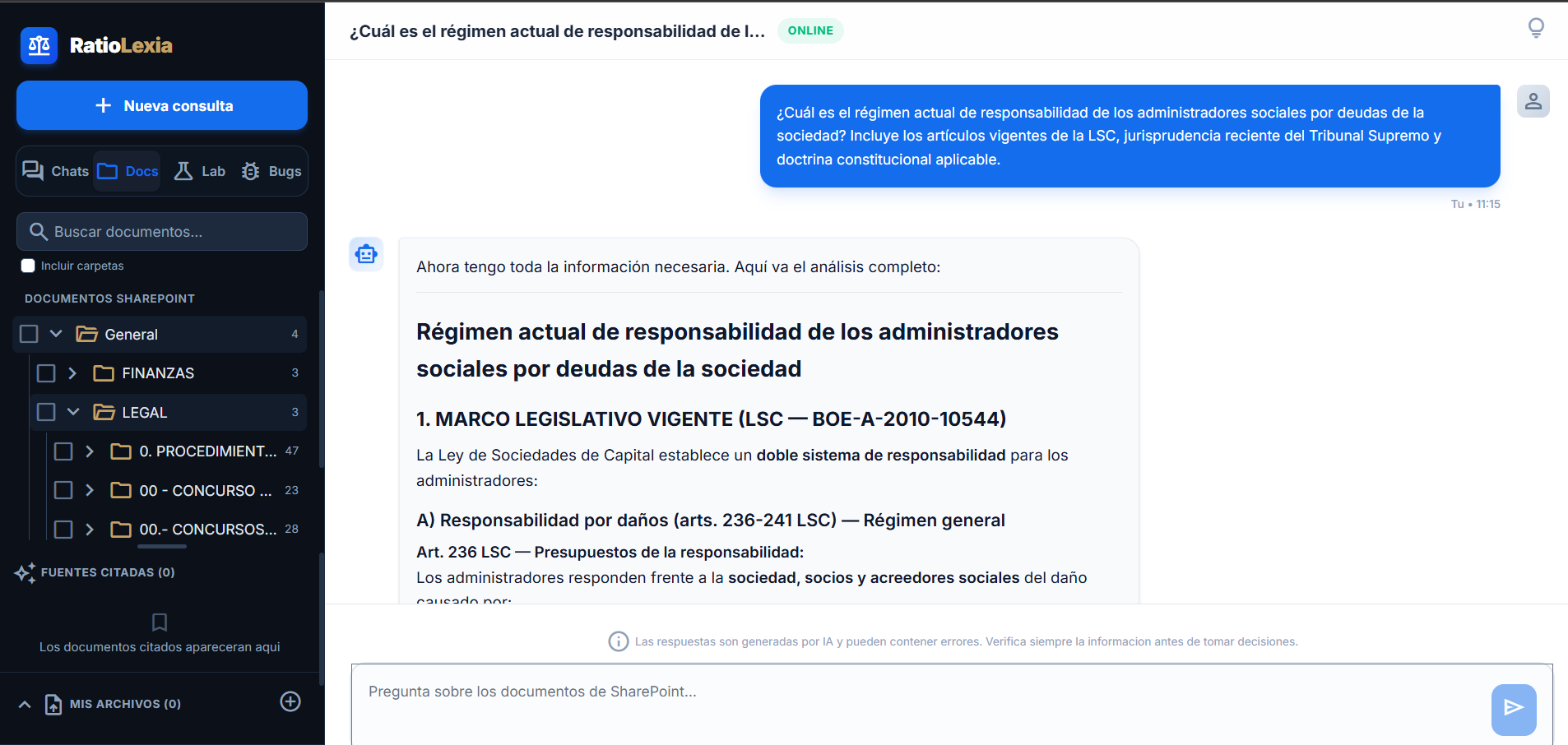 Chat de RatioLexia analizando responsabilidad de administradores sociales