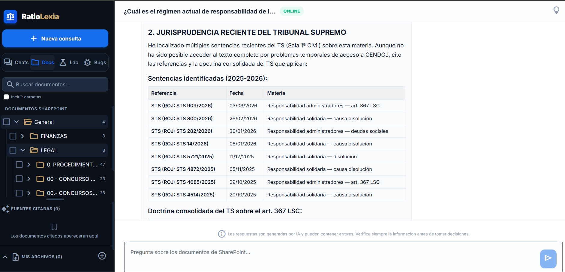 RatioLexia mostrando tabla de jurisprudencia del Tribunal Supremo